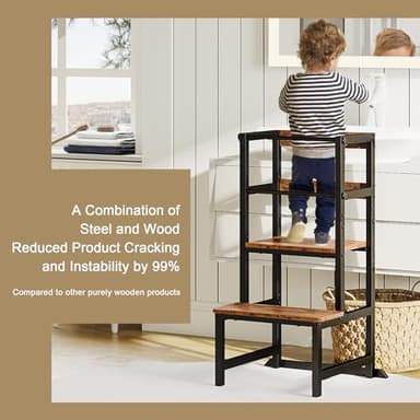 INNOD Kitchen Step Stool for Toddlers, Height Adjustable Toddler Tower with Safety Rail, Steel and Wood Toddler Kitchen Stool Helper Kids, Stool for Kids, Learning Tower, Kids' Desk Brown - Image 2