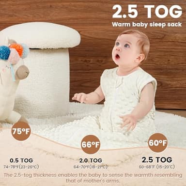 david's kids Fleece Baby Sleep Sack 6-12 Months, 2.5 Tog Minky Warm Winter Baby Wearable Blanket with Plush Dots and 2-Way Zipper, Cotton Inner Lining Sleeping Bags for Boys Girls, Medium Size, Cream - Image 7
