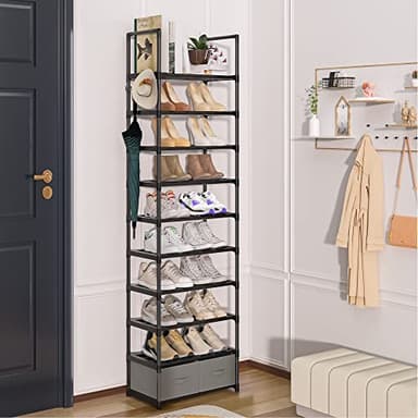 OYREL Tall Shoe Rack Narrow 10 Tier Shoes Rack 20 25 Pairs, Shoe Storage Organizer for Closet, Sturdy Metal Shoe Shelf Shoe Stand with 2 Boxes 1 Hook - Image 2