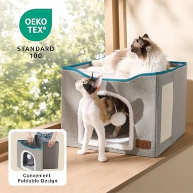 Bedsure Cat Beds for Indoor Cats - Large Cat Cave for Pet Cat House with Fluffy Ball Hanging and Scratch Pad, Foldable Cat Hideaway, 16.5x16.5x13 inches, Grey - Image 3