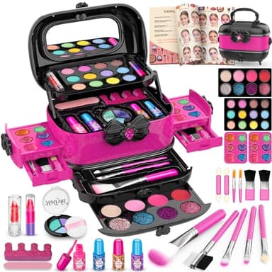 Hollyhi 58 Pcs Kids Makeup Kit for Girl, Princess Toys Real Washable Cosmetic Set with Mirror, Kids Makeup Sets for Girls, Play Make Up Birthday Gifts for 3 4 5 6 7 8 9 10 11 12 Years Old Kid (Rose) - Image 1