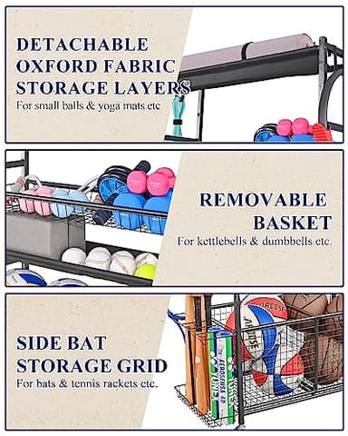 Mythinglogic Garage Sports Equipment Organizer, Ball Storage Extra Large Capacity Six Tier Sports Organizer for Garage, Basketball Rack with Hooks and Baskets for Football, Soccer Ball, Bat, Toys - Image 3