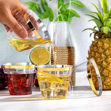 WELLIFE 200 PCS Gold Plastic Cups,9 oz Clear Plastic Cups,Disposable Wine Glasses,Plastic Cocktail Glasses for Party and Wedding - Image 7