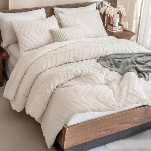 Andency King Size Comforter Set Beige, Boho Cream Soft Warm Tufted Neutral Bedding Comforter Sets for King Size Bed, 3 Pieces Aesthetic Chevron Farmhouse Cute Bohemian Textured Bedding Set - Image 1