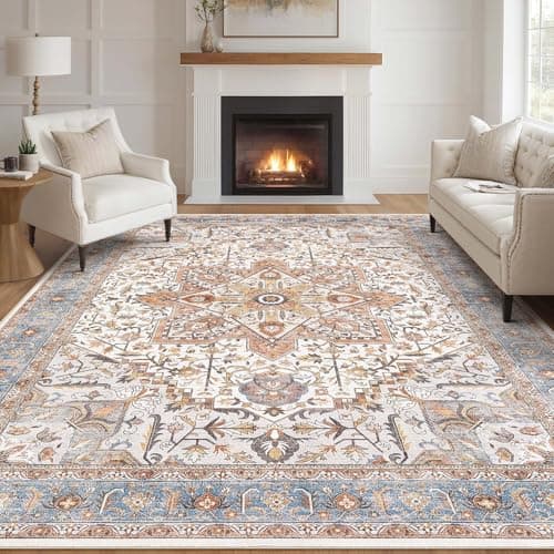 Tortania Area Rug Living Room Rugs - 9x12 Washable Boho Rug Vintage Oriental Distressed Farmhouse Large Thin Indoor Carpet for Living Room Bedroom Under Dining Table Home Office - Azure Orange - Image 1