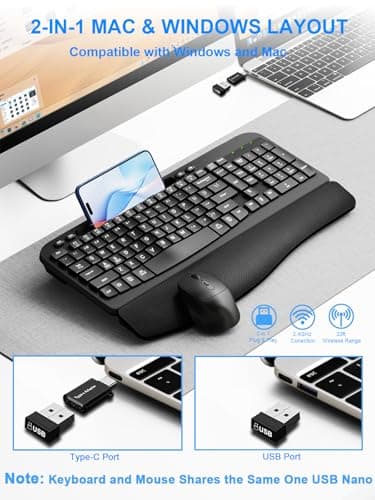 Wireless Keyboard and Mouse Combo, Wave Keys Computer Ergonomic Keyboard with Cushioned Plam Rest, Phone Holder, 2.4GHz Silent 6 Button Wireless Mouse Set for Laptop, PC, Windows, Mac (Black) - Image 4