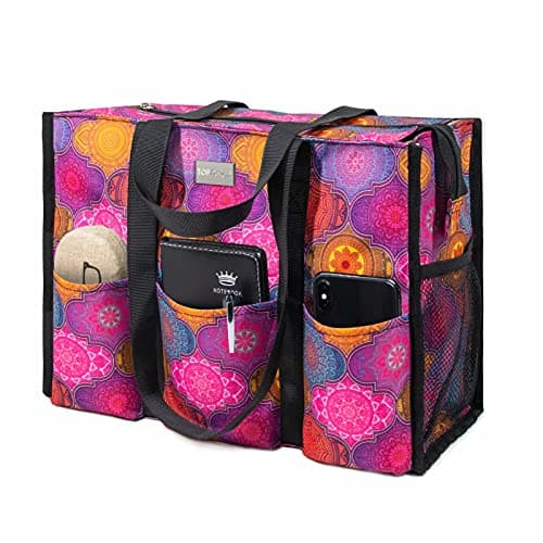 TOPDesign Utility Water Resistant Tote Bag with 13 Exterior & Interior Pockets, Top Zipper Closure & Thick Bottom Support, for Working Women, Teachers, Nurses, Accountants (Yoga Totem) - Image 1