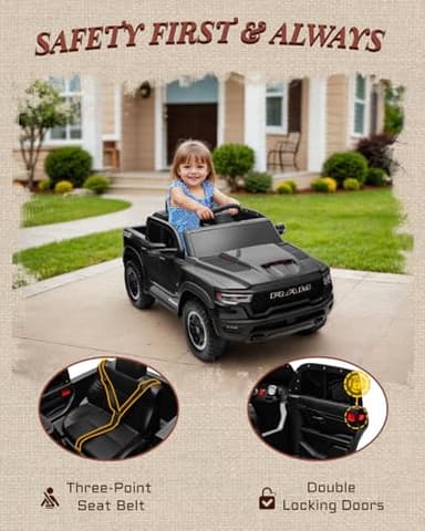 First Ride On 12V Licensed Ram 1500 Ride on Toy for Kids, Toddler Ride on Pickup Truck with Parent Remote Control, Electric Car for Kids with Truck Bed Storage, 3 Point Safety Belt (Black) - Image 9