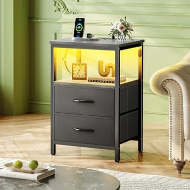 Huuger Night Stand with Charger Station and LED Lights, 2 Drawer Nightstand, Bed Side Table with Open Shelf, End Table, Fabric Dresser for Bedroom, Grey - Image 2