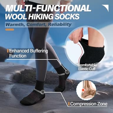Anlisim Merino Wool Quarter Hiking Socks Compression Warm Thermal Winter Thick Cushion Running Moisture Wicking No Show Socks Gifts Stocking Stuffers for Women Men 6 Pairs(Black Mixed,L) - Image 3