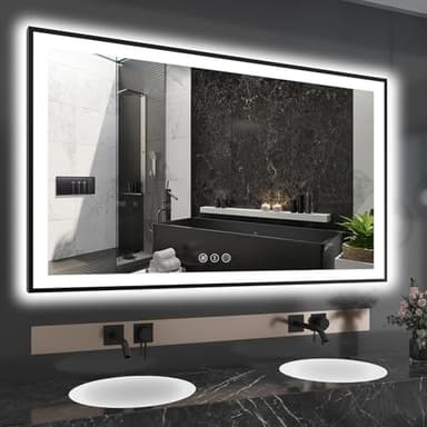 EchosLife 60x36 LED Mirror for Bathroom - Black Aluminum Framed (Front and Backlit),Anti-Fog Bathroom Mirror with Lights, Stepless Dimmable Lighted Mirror,3 Colors Smart Mirror(Horizontal/Vertical) - Image 1