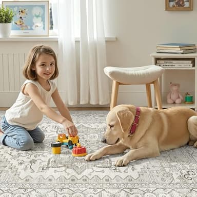 befbee 8x10 Area Rugs for Living Room, Stain Resistant Neutral Washable Rugs for Dining Room, Vintage Non-Slip Thin Large Size Beige Area Rug, Printed Vintage Home Decor Rug（Beige） - Image 6