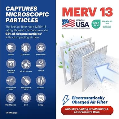 BNX TruFilter 20x20x1 MERV 13 (4-Pack) AC Furnace Air Filter - MADE IN USA - Electrostatic Pleated Air Conditioner HVAC AC Furnace Filters - Removes Pollen, Mold, Bacteria, Smoke - Image 3