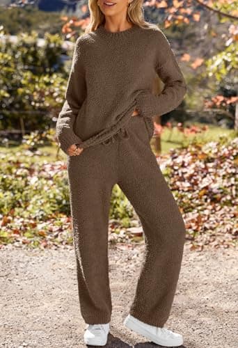 MEROKEETY Womens Pajama Sets 2025 Fall Lounge Sweater Set Cute Fuzzy Fleece 2 Piece Long Sleeve Cozy Winter Pj Outfits, Coffee, Medium - Image 2