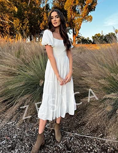 ZESICA Women's 2025 Summer Square Neck Short Puff Sleeve Solid Color High Waist Casual Smocked Flowy A Line Tiered Midi Dress,White,XX-Large - Image 7