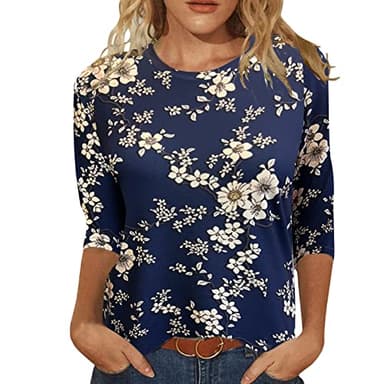 JomeDesign Dressy Tops for Women 3/4 Sleeve Shirts Round Neck Floral Print Tshirts - Image 1
