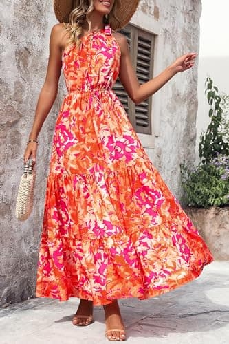 PRETTYGARDEN Women's Summer Floral Maxi Dress Knot One Shoulder Sleeveless Ruffle Flowy Boho Beach Wedding Guest Dresses (Orange Rose Red Big Floral,Large) - Image 3