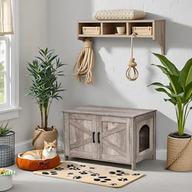 Homhedy Cat Litter Box Enclosure, Wooden Cat Washroom Furniture with Barn Door, Pet House, Fit Most of Litter Box, Greige - Image 8