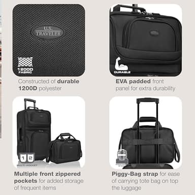 U.S. Traveler, Rio Rugged Fabric Expandable Upright Rolling Carry-on Luggage Set w/ Tote Bag, Black, 2-Piece (21/14 - Image 4