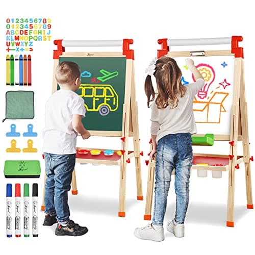 JOYOOSS Kids Wooden Easel with Paper Roll - Adjustable Magnetic Double Sided Drawing Board Whiteboard & Chalkboard Dry Easel Board,Children Art Easel for 3~12 Years Kids Boys Girls Painting Drawing - Image 1