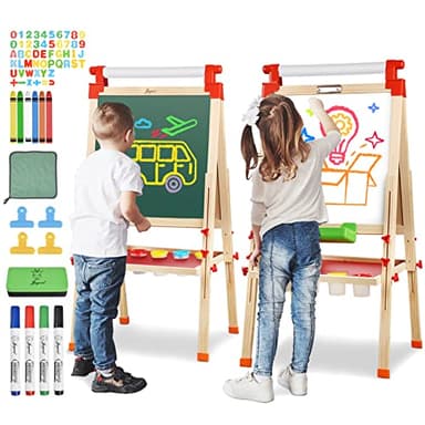 JOYOOSS Kids Wooden Easel with Paper Roll - Adjustable Magnetic Double Sided Drawing Board Whiteboard & Chalkboard Dry Easel Board,Children Art Easel for 3~12 Years Kids Boys Girls Painting Drawing - Image 1