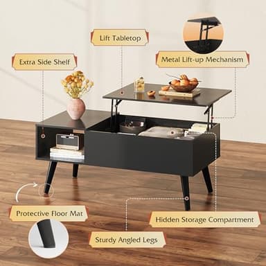 WLIVE Coffee Table for Living Room, Lift Top Coffee Table with Storage, Small Rising Wooden Dining Center Table with Storage Shelf & Hidden Compartment, 39" Black - Image 8