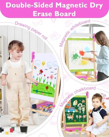 Easel for Kids,Toddler Art Easel Toys for Ages 4 5 6 7 8,Toys for 4 5 6 7 8 9 Year Old Girl Gifts,Wooden Double-Sided Magnetic Dry Erase Whiteboard and Chalk Board with Paper Roll,Boys Girls Gift - Image 3