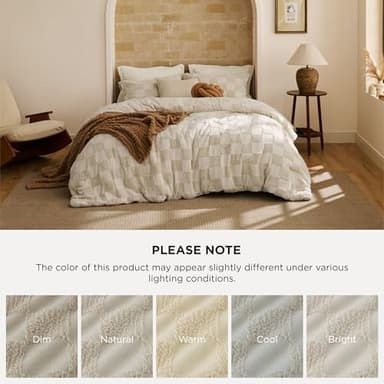 Bedsure King Size Comforter Set Beige, Boho Tufted Bed Set, Checkered Farmhouse Shabby Chic Bedding, 3 Pieces, 1 Plaid Geometric Comforter and 2 Pillow Shams - Image 9