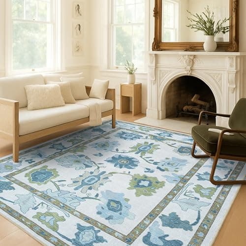 Fame Living Green Oushak Rug, Modern, Vintage, Turkish, Eclectic, Floral, Pastel, Washable, Large Area Rugs for Living Room, Dining, Bedroom, Girls, Boys, 7'5"x9'8" - Image 1