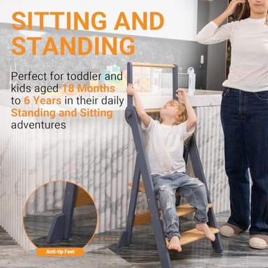COSYLAND Foldable Toddler Standing Tower - Adjustable Height Folding Step Stool Kids Toddler Kitchen Stool Helper for Learning and Cooking - Ages 18 Months to 6 Years with Safety net Natural & Grey - Image 5