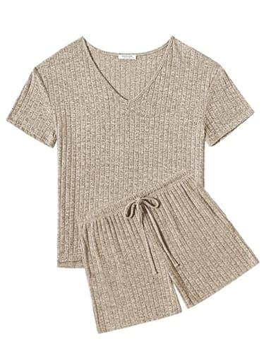 Ekouaer Womens 2 Piece Lounge Sets Summer Two Piece Outfits Ribbed Knit V Neck Short Sleeve Tee and Pockets Shorts Sets - Image 7