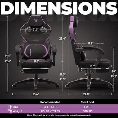 Dowinx Fabric Gaming Chair with Footrest, Big and Tall Ergonomic Gamer Chair with Lumbar Support, Wide Back Computer Chair for Heavy People, Purple - Image 3