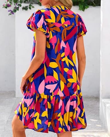 dowerme Womens Summer Dresses 2025 Puffy Sleeve V Neck Loose Floral Print A Line Boho Mini Babydoll Dress with Pockets(Blue Floral,Medium) - Image 5