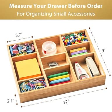 Umilife Desk Drawer Organizer, Bamboo Wood Organizer Tray with Adjustable Compartments, Office Desk Accessories Supplies Organization Storage, 12" x 9" - Image 3