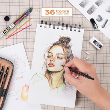 Nicpro 33PCS Black Metal Mechanical Pencil Set in Leather Case, Art Drafting Pencil 0.3, 0.5, 0.7, 0.9 mm, 2mm Lead Holders for Sketching Drawing with 18 Tube (6B 4B 2B HB 2H 4H Colors) Lead Refills - Image 4