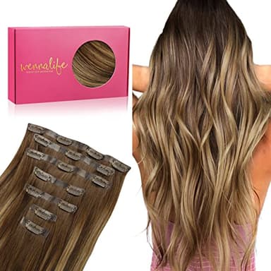 WENNALIFE Seamless Clip In Hair Extensions, 20 Inch 150g 7pcs Balayage Chocolate Brown to Caramel Blonde Hair Extensions Clip In Human Hair Invisible PU Skin Weft Natural Remy Human Hair Extensions - Image 1