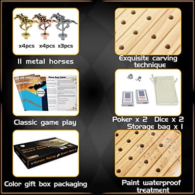 Jyquorp Horse Race Board Game Racing Game Thickened Solid Wood with 11 Luxurious Durable Classic Metal Horses with 4 Dice and 2 Boxes of Cards Horse Racing Game (Log Color, Oval)… - Image 4