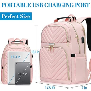 Kuosdaz Laptop Backpack for Women, Large School Backpacks for Girls,17.3 Inch Fashion Quilted College Bookbags with USB Charger, Pink Womens Travel Backpack - Image 4