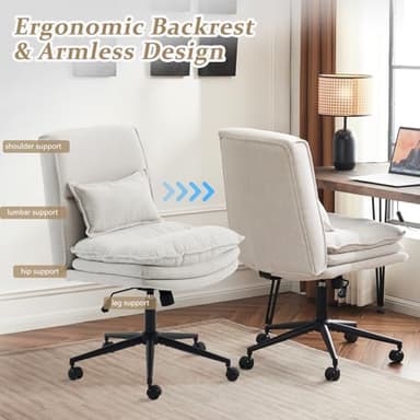 VINGLI Cloud Criss Cross Legged Chair,18" High Back Armless Home Office Desk Chair with Wheels,Wide Adjustable Comfy Padded Seat Task Computer Chair,Modern Swivel Makeup Vanity Chair,Fabric,Beige - Image 7