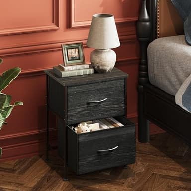 WLIVE Night Stand, Small Dresser with Drawers, Dresser for Bedroom with 2 Fabric Drawer, Black Bedside Table End Table, Dorm Nightstand, Closet Organizer, Charcoal Black Wood Grain Print - Image 2