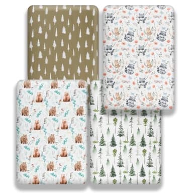 4 Pack Woodland Forest Animals Wood Neutral Unisex Fitted Baby Crib Sheets Set for Baby Boys or Girls (Cartoon Beer, 52 * 28) - Image 2