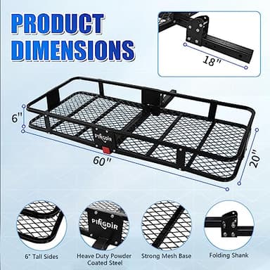 PINGDIR Folding Hitch Mount Cargo Carrier Hitch Rack Basket 60"*21.5"*6" Hauling Weight Capacity of 500 Lbs, Waterproof Cargo Bag 58" 19" 24", with Hitch Stabilizer,Cargo Net and Ratchet Straps - Image 2