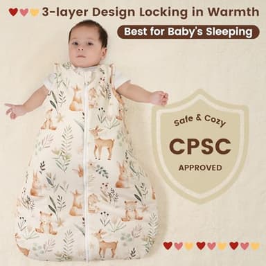 PHF 100% Cotton Baby Sleep Sack 0-6 Months, 2.5 TOG Winter Baby Wearable Blanket with 2-Way Zipper, Warm Comfy Quilted Sleeping Bags, Infant Sleeping Sack for Newborn Boys, Small Size, Woodland - Image 7