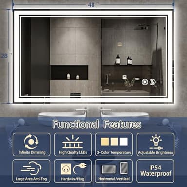 48“ x 28” LED Bathroom Mirror with Lights Anti-Fog Dimmable 3 Colors LED Mirror for Bathroom Memory Function Smart Mirror Wall Mounted Horizontal/Vertical - Image 2