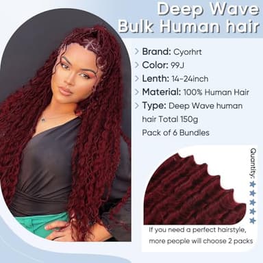 99j Burgundy Human Braiding Hair for Boho Braids,150g 22 inch 6 Bundles Burgundy Deep water Wave Bulk Boho Curly Human Hair for Braiding,Wine red No Weft Wet and Wavy Braiding Hair Extensions - Image 3