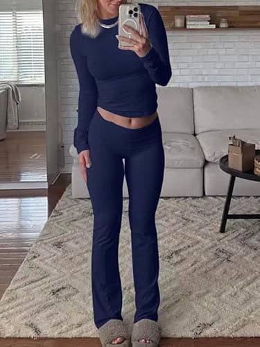 AYWA Women's 2 Piece Outfits Foldover Flare Pants Long Sleeve Crew Neck T-shirt Fitted Pajama Sets (Navy, Medium) - Image 4