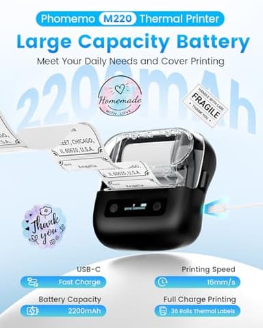 Phomemo Label Maker, M220 Thermal Label Printer, 80mm Portable Bluetooth Barcode Printer Compatible with Andriod/iOS for Home, Office, Small Business, with 3 Packs Label & Case - Image 5