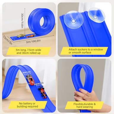 KETIEE Flex Tracks 16Ft for Kids: Flexible Race Car Ramp Track with 4 Small Racecars and 8 Suction Cups Compatible with Hot Wheels and Diecast 1/64th Cars, Rolls Up Portable Racetrack for Ages 3 & Up - Image 6