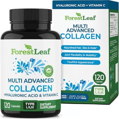 ForestLeaf Multi Collagen Pills with Hyaluronic Acid + Vitamin C | Hydrolyzed Collagen Supplements for Women or Men | Multi Collagen Capsules Peptides for Skin, Wrinkles, 120 Caps - Image 1