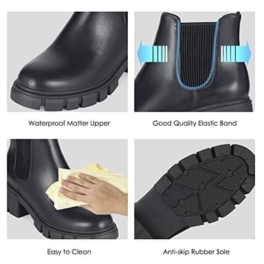 Athlefit Women's Chelsea Boots Fashion Lug Sole Chunky Heel Slip on Elastic Ankle Black Booties Size 9 - Image 4